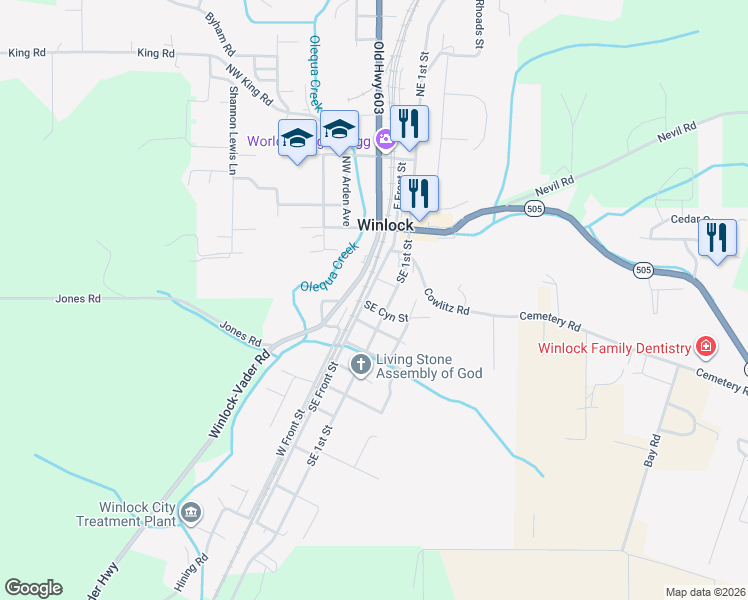map of restaurants, bars, coffee shops, grocery stores, and more near 304 Southeast Front Street in Winlock