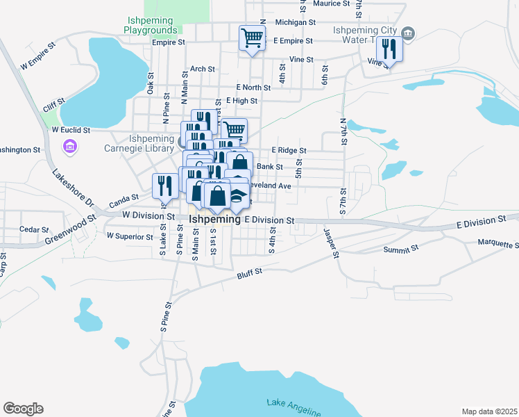 map of restaurants, bars, coffee shops, grocery stores, and more near 319 East Division Street in Ishpeming