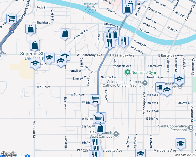 map of restaurants, bars, coffee shops, grocery stores, and more near 1111 I 75 Business Spur in Sault Ste. Marie
