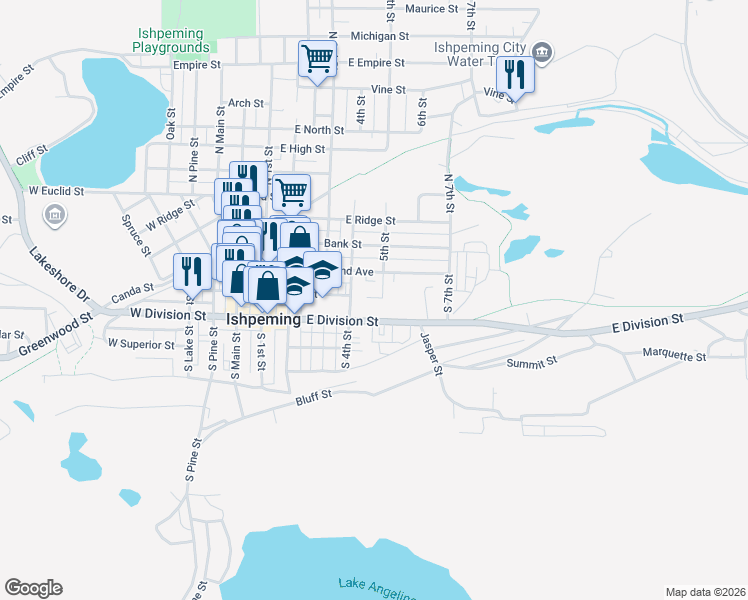 map of restaurants, bars, coffee shops, grocery stores, and more near 97 South 4th Street in Ishpeming