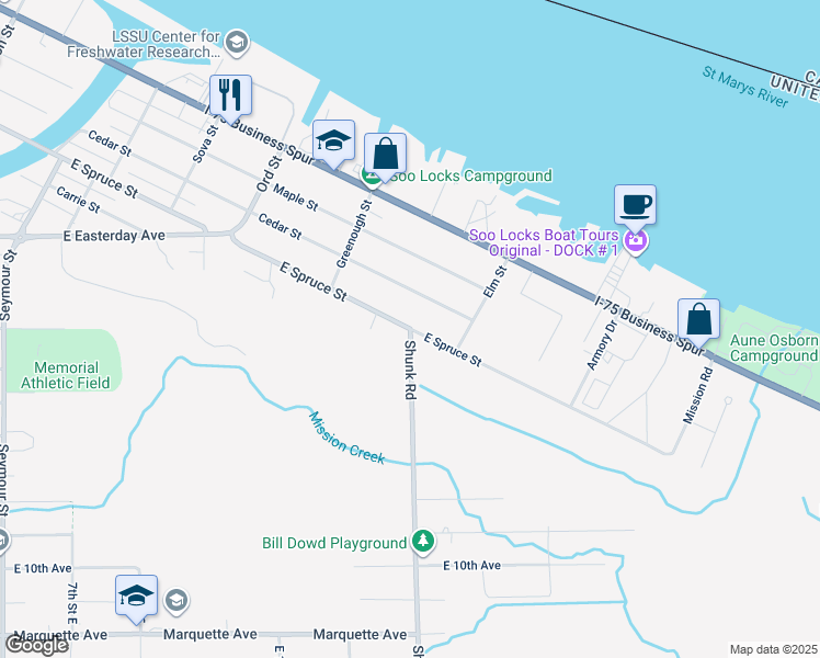 map of restaurants, bars, coffee shops, grocery stores, and more near 1052 East Spruce Street in Sault Ste. Marie