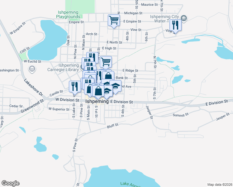 map of restaurants, bars, coffee shops, grocery stores, and more near 401 East Pearl Street in Ishpeming
