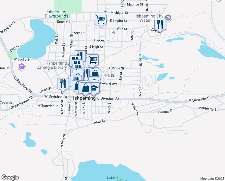 map of restaurants, bars, coffee shops, grocery stores, and more near 185 South 4th Street in Ishpeming
