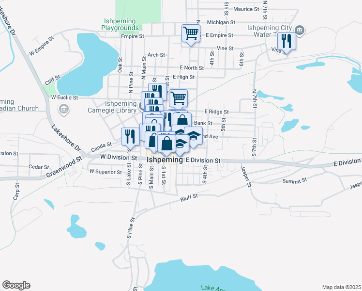 map of restaurants, bars, coffee shops, grocery stores, and more near 323 East Pearl Street in Ishpeming