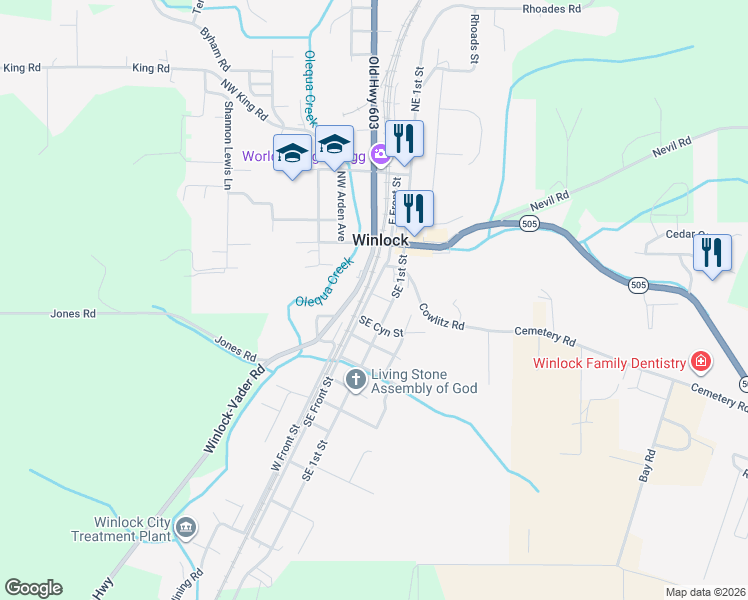 map of restaurants, bars, coffee shops, grocery stores, and more near 304 Southeast Front Street in Winlock