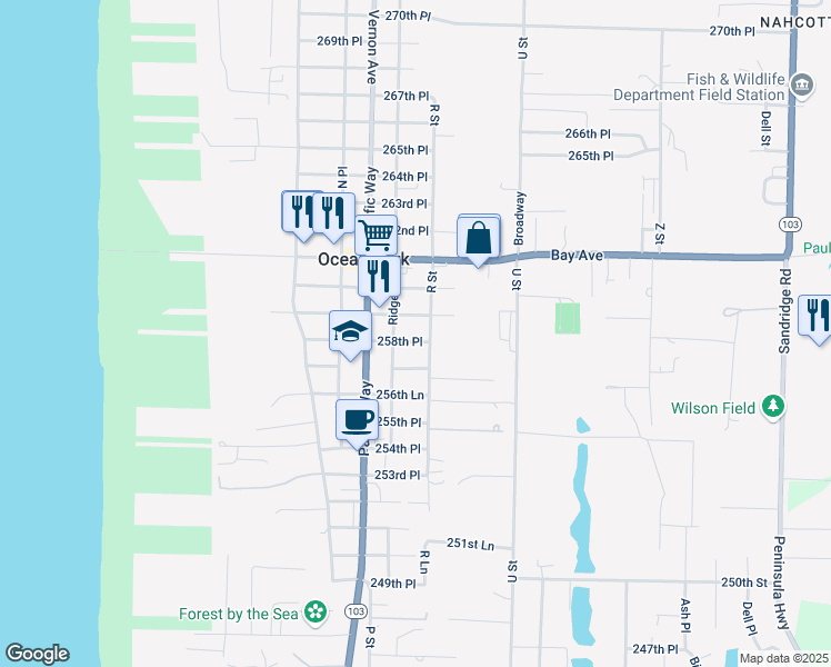 map of restaurants, bars, coffee shops, grocery stores, and more near 1701 258th Place in Ocean Park