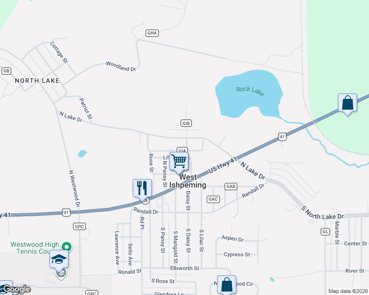 map of restaurants, bars, coffee shops, grocery stores, and more near 1801-1889 County Road Gia in Ishpeming Township
