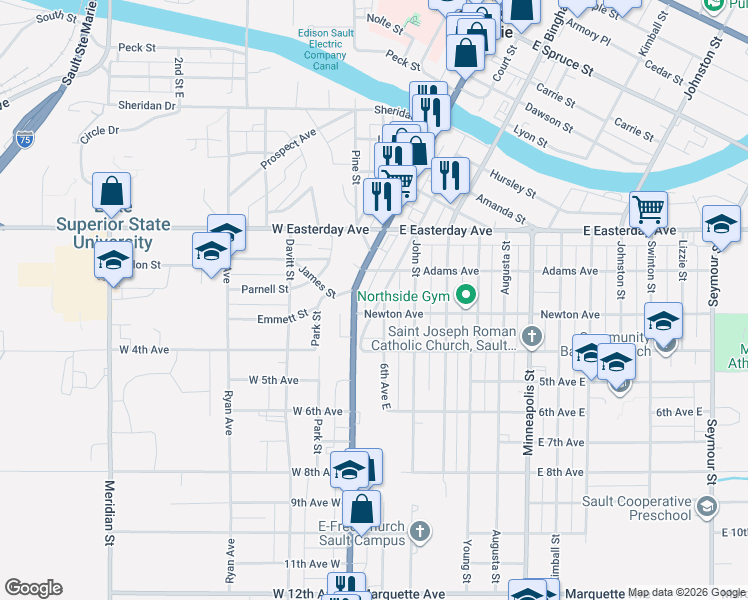 map of restaurants, bars, coffee shops, grocery stores, and more near 914 Court Street in Sault Ste. Marie