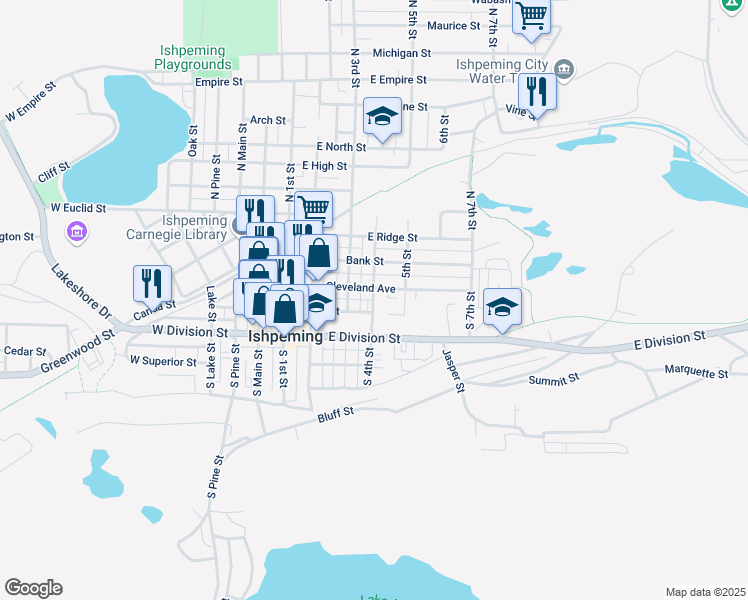 map of restaurants, bars, coffee shops, grocery stores, and more near 97 South 4th Street in Ishpeming