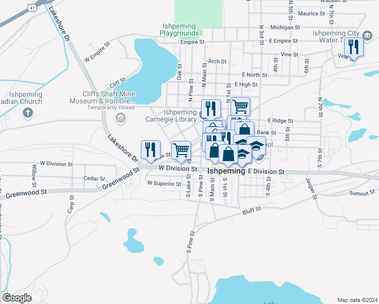 map of restaurants, bars, coffee shops, grocery stores, and more near 205 Lake Street in Ishpeming
