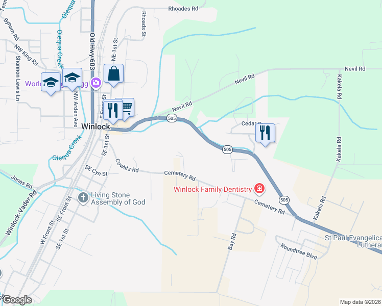map of restaurants, bars, coffee shops, grocery stores, and more near 573 Cemetary Rd in Winlock