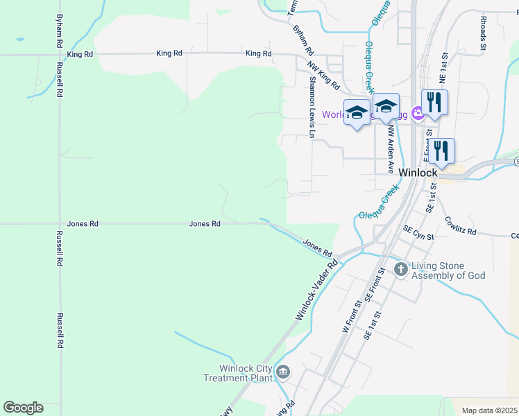 map of restaurants, bars, coffee shops, grocery stores, and more near 165 Jones Road in Winlock