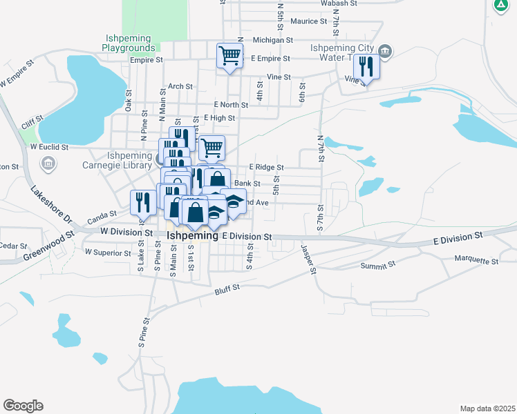 map of restaurants, bars, coffee shops, grocery stores, and more near 97 South 4th Street in Ishpeming