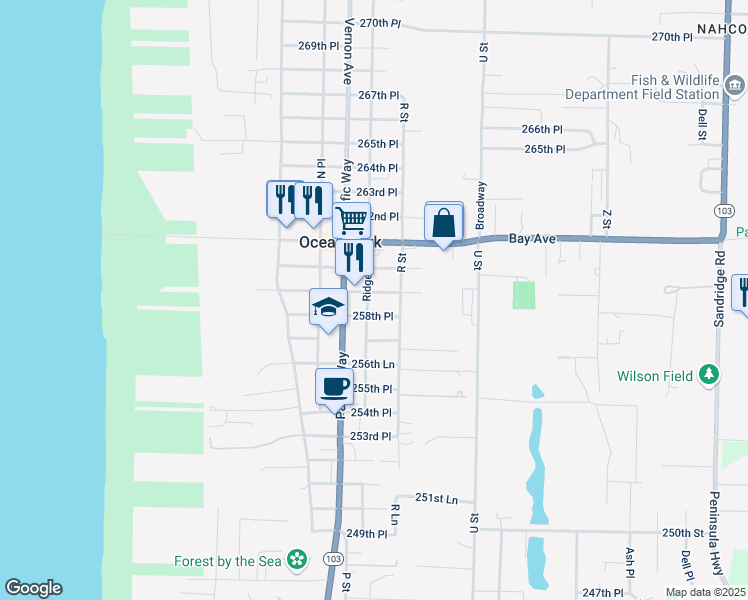 map of restaurants, bars, coffee shops, grocery stores, and more near 1701 258th Place in Ocean Park