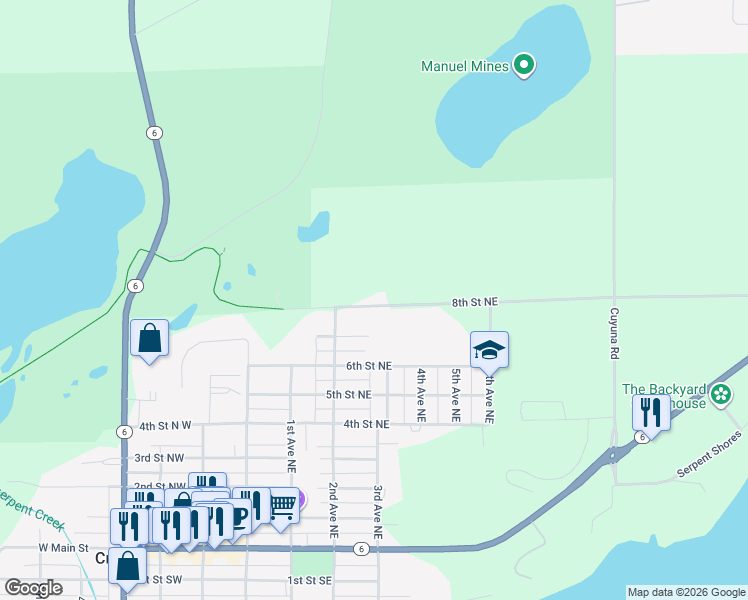 map of restaurants, bars, coffee shops, grocery stores, and more near 227 8th Street Northeast in Crosby