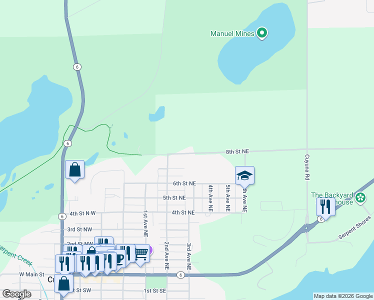 map of restaurants, bars, coffee shops, grocery stores, and more near 227 8th Street Northeast in Crosby