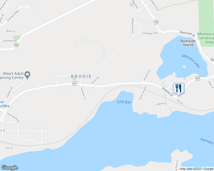 map of restaurants, bars, coffee shops, grocery stores, and more near 953 Howey Drive in Sudbury