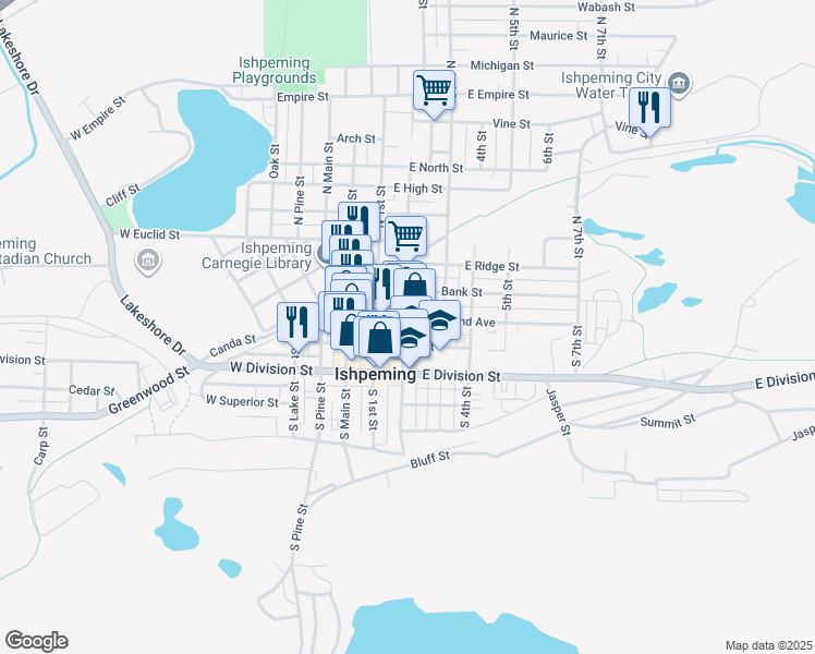 map of restaurants, bars, coffee shops, grocery stores, and more near 323 East Pearl Street in Ishpeming