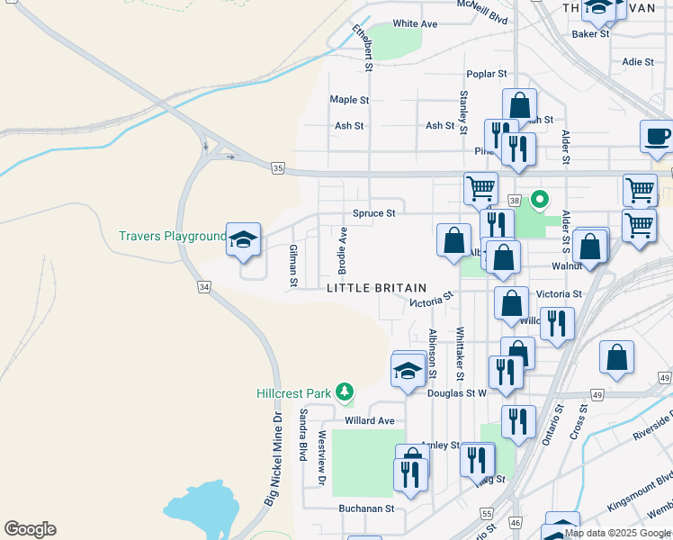 map of restaurants, bars, coffee shops, grocery stores, and more near 135 Brodie Avenue in Sudbury