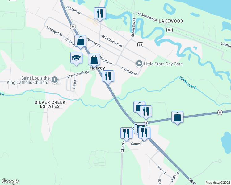 map of restaurants, bars, coffee shops, grocery stores, and more near 5001-5099 State Highway M-28 in Marquette