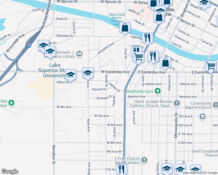 map of restaurants, bars, coffee shops, grocery stores, and more near 300-398 Emmett St in Sault Ste. Marie
