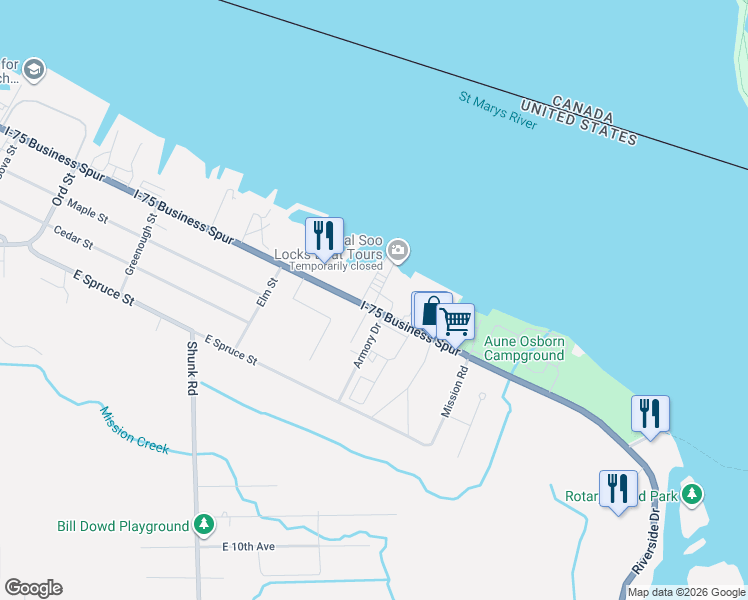 map of restaurants, bars, coffee shops, grocery stores, and more near 1100-1160 Interstate 75 Business Spur in Sault Ste. Marie