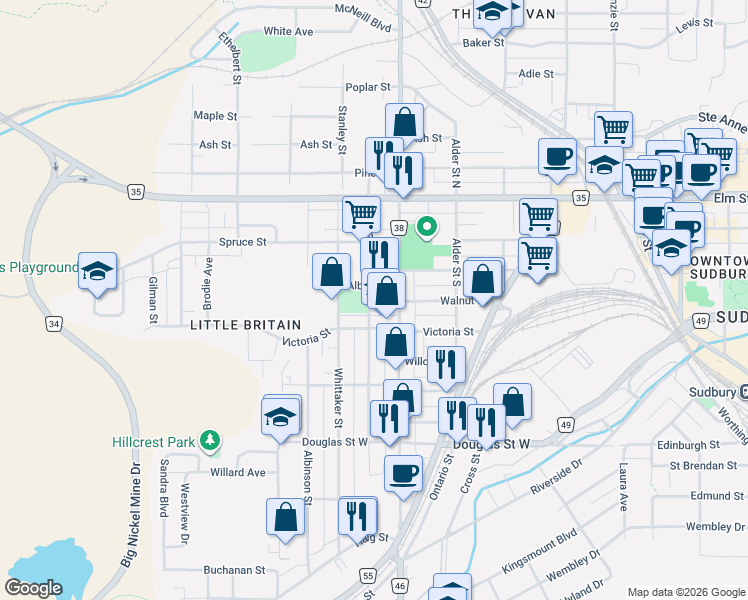 map of restaurants, bars, coffee shops, grocery stores, and more near 130 Eyre Street South in Greater Sudbury