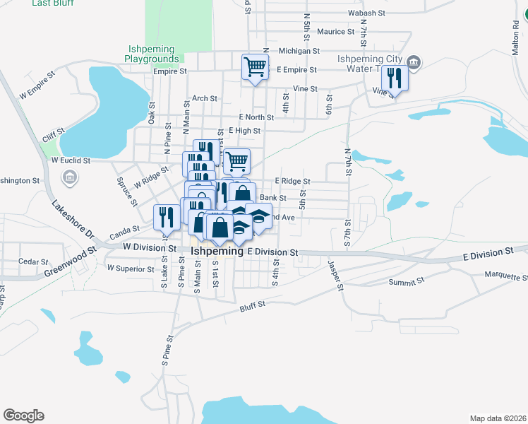 map of restaurants, bars, coffee shops, grocery stores, and more near 401-499 East Pearl Street in Ishpeming