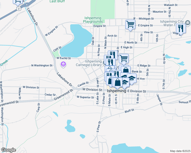 map of restaurants, bars, coffee shops, grocery stores, and more near 205 Lake Street in Ishpeming