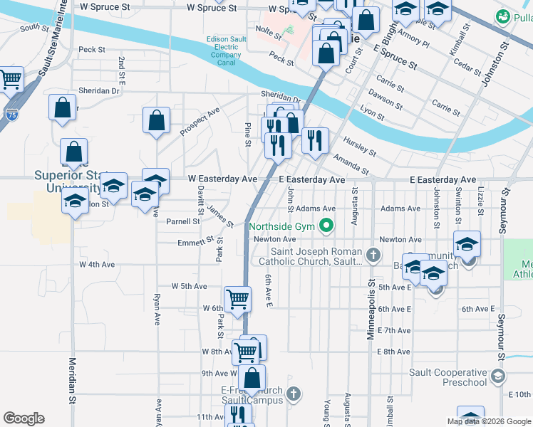 map of restaurants, bars, coffee shops, grocery stores, and more near 914 Court Street in Sault Ste. Marie