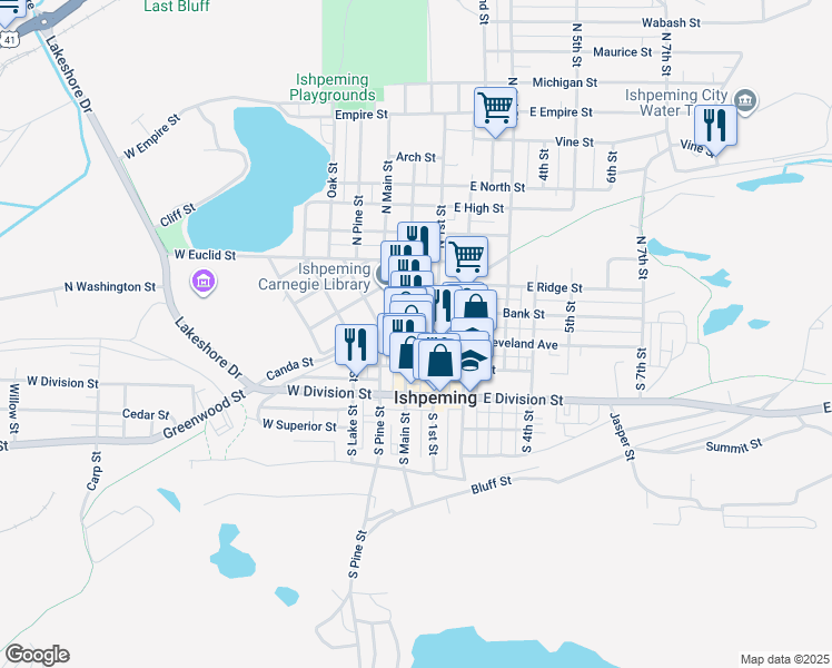 map of restaurants, bars, coffee shops, grocery stores, and more near 198 West Pearl Street in Ishpeming