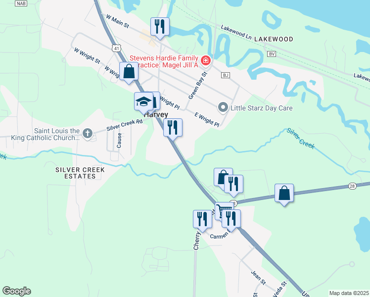 map of restaurants, bars, coffee shops, grocery stores, and more near 5057 U.S. 41 in Harvey