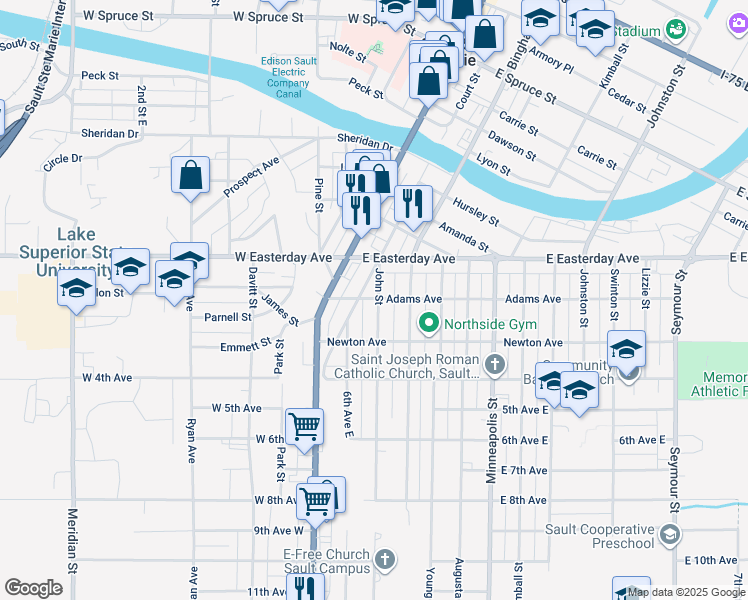 map of restaurants, bars, coffee shops, grocery stores, and more near 808-898 John Street in Sault Ste. Marie