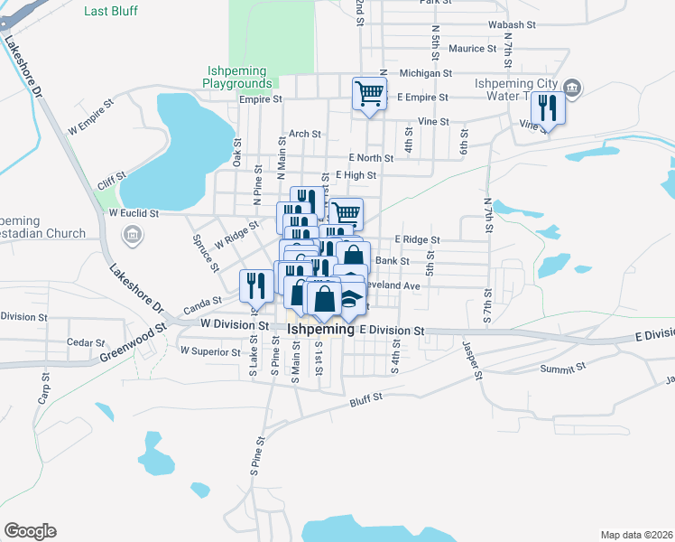 map of restaurants, bars, coffee shops, grocery stores, and more near 312 North 1st Street in Ishpeming