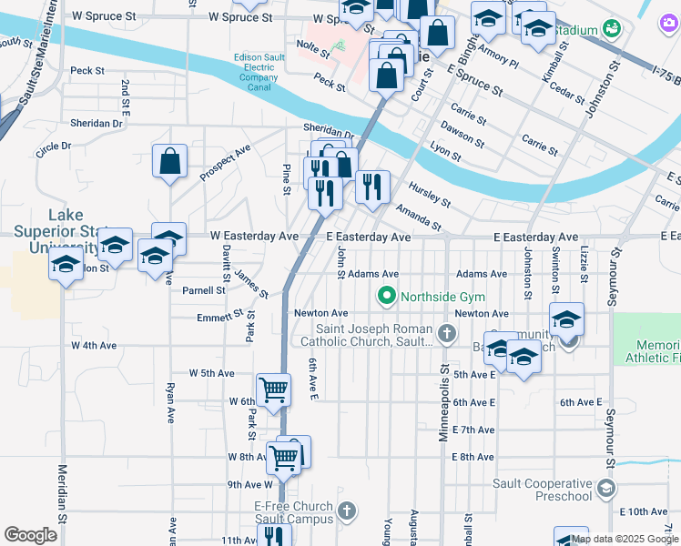 map of restaurants, bars, coffee shops, grocery stores, and more near 898 John Street in Sault Ste. Marie