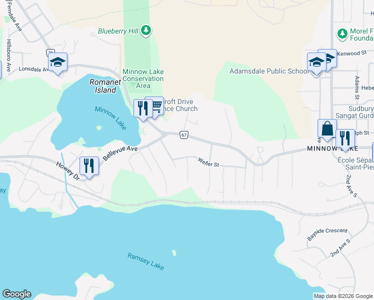 map of restaurants, bars, coffee shops, grocery stores, and more near 1560 Weller Street in Sudbury