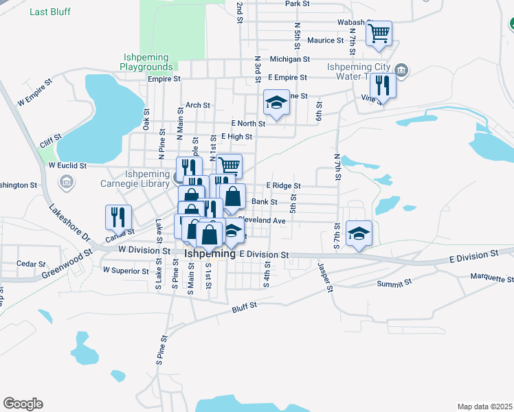 map of restaurants, bars, coffee shops, grocery stores, and more near 206 North 3rd Street in Ishpeming