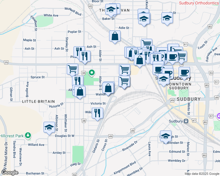 map of restaurants, bars, coffee shops, grocery stores, and more near 198 Oak Street in Greater Sudbury