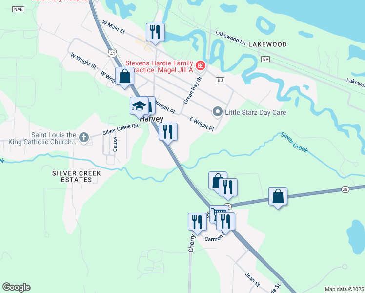 map of restaurants, bars, coffee shops, grocery stores, and more near 5057 U.S. 41 in Harvey