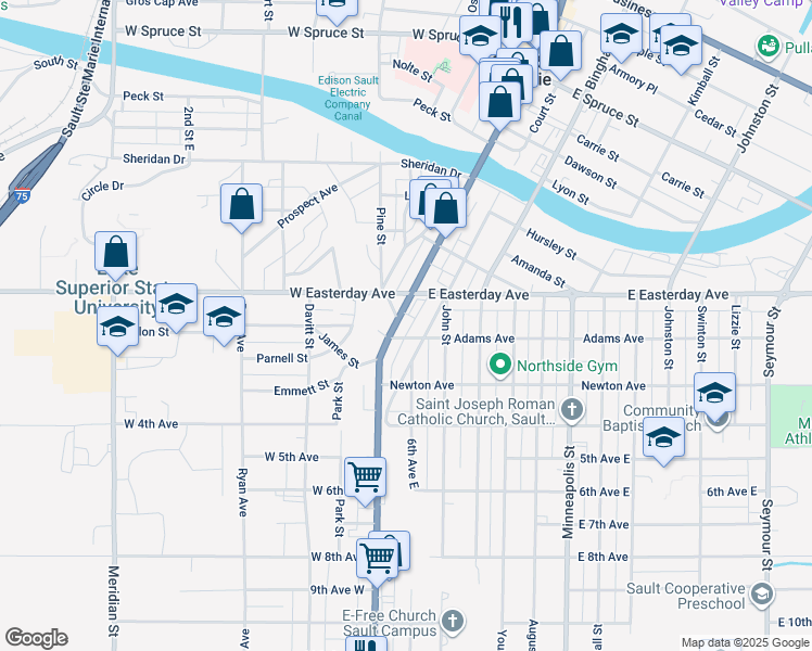 map of restaurants, bars, coffee shops, grocery stores, and more near 1025 Ashmun Street in Sault Ste. Marie