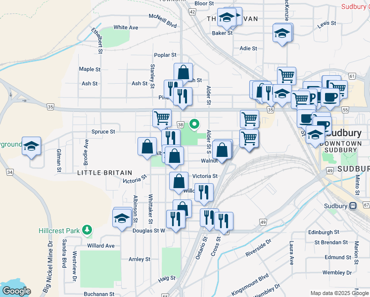 map of restaurants, bars, coffee shops, grocery stores, and more near 305 Oak Street in Sudbury