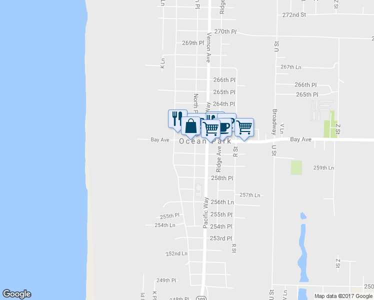 map of restaurants, bars, coffee shops, grocery stores, and more near 1305 260th Place in Ocean Park