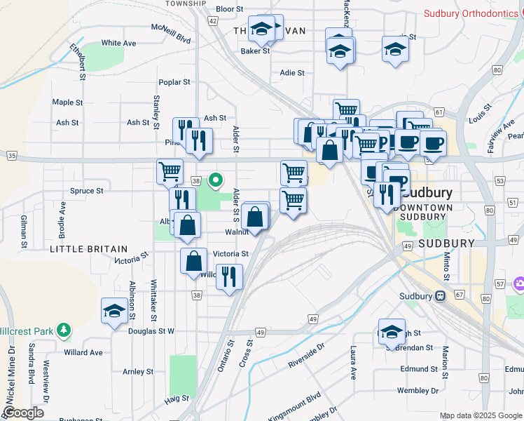 map of restaurants, bars, coffee shops, grocery stores, and more near 198 Oak Street in Greater Sudbury