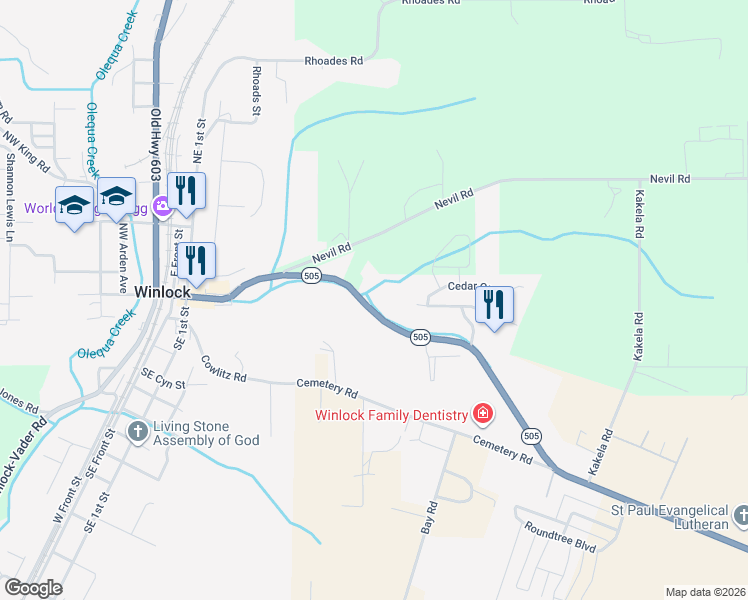map of restaurants, bars, coffee shops, grocery stores, and more near 197 Washington 505 in Winlock