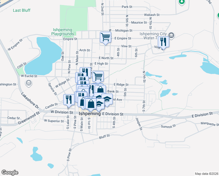 map of restaurants, bars, coffee shops, grocery stores, and more near 206 North 3rd Street in Ishpeming