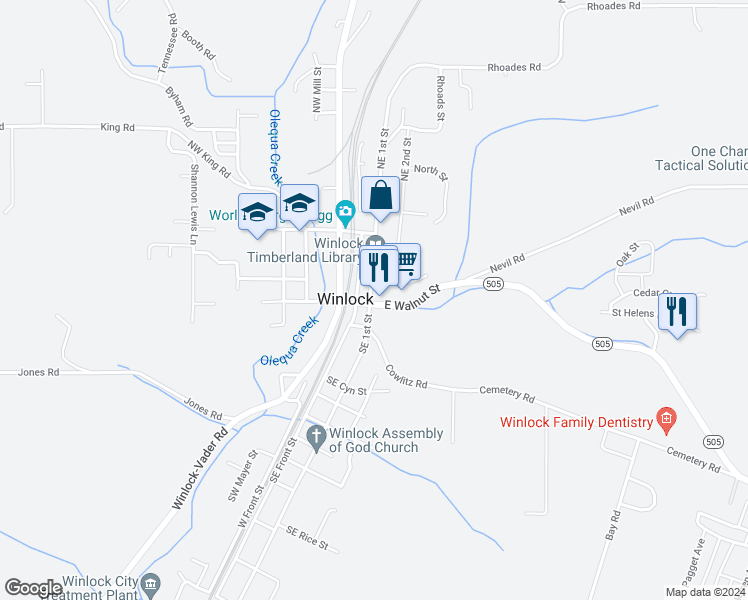 map of restaurants, bars, coffee shops, grocery stores, and more near 202 Northeast 1st Street in Winlock