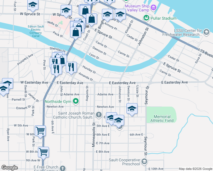 map of restaurants, bars, coffee shops, grocery stores, and more near 806 Superior Street in Sault Ste. Marie