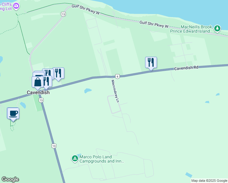 map of restaurants, bars, coffee shops, grocery stores, and more near 32 Maccoubrey Lane in New Glasgow