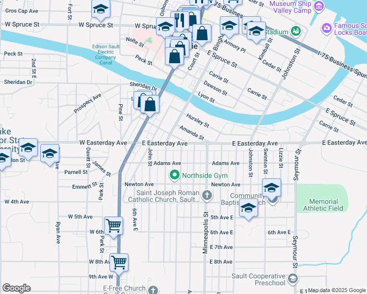 map of restaurants, bars, coffee shops, grocery stores, and more near 817 Young Street in Sault Ste. Marie