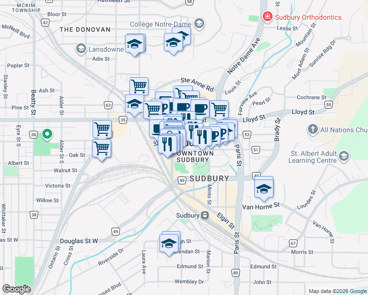 map of restaurants, bars, coffee shops, grocery stores, and more near 73 Larch Street in Greater Sudbury